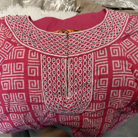 Tory Burch Tunic Top Fuchsia Pink & White With Silver Rhinestones Size 4 Cotton - Picture 4 of 4